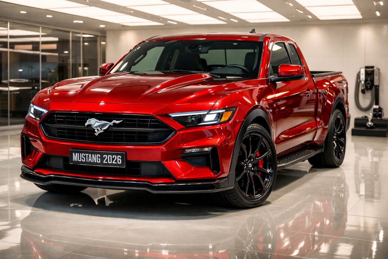 Camião Ford Mustang 2026 vermelho em exposição num showroom, com iluminação de teto moderna e detalhes em preto.