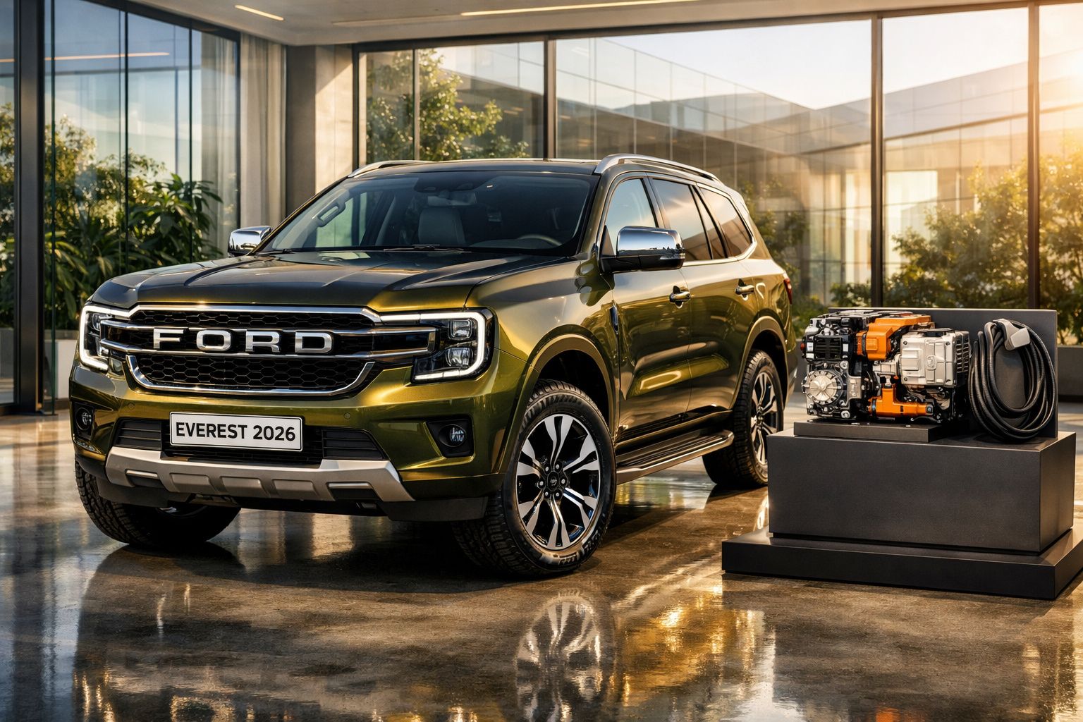 SUV moderno prateado em exposição num salão automóvel, com mesas e folhagem ao fundo.