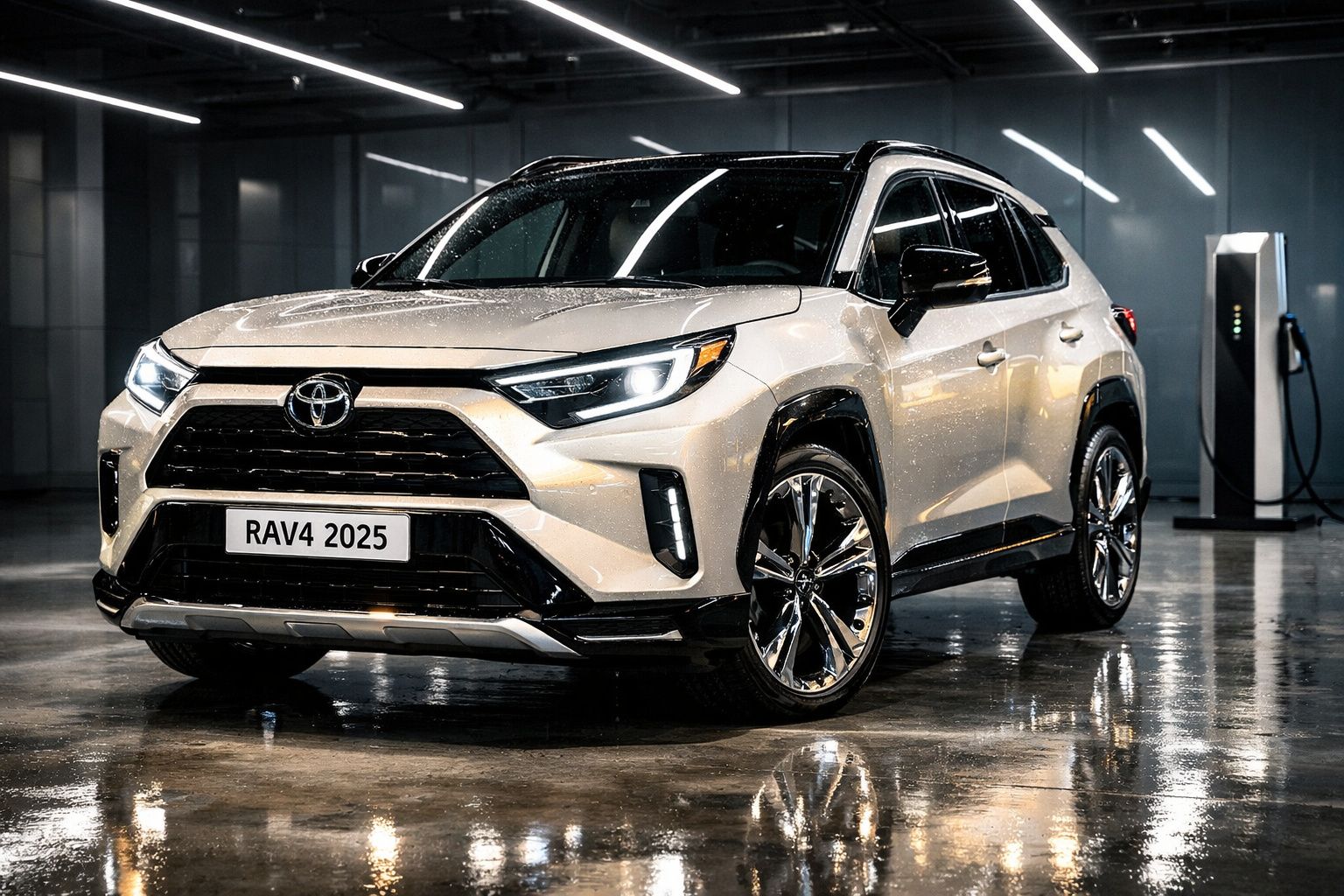 SUV branco Toyota RAV4 2025 em exposição numa sala iluminada com um carro refletido no vidro.