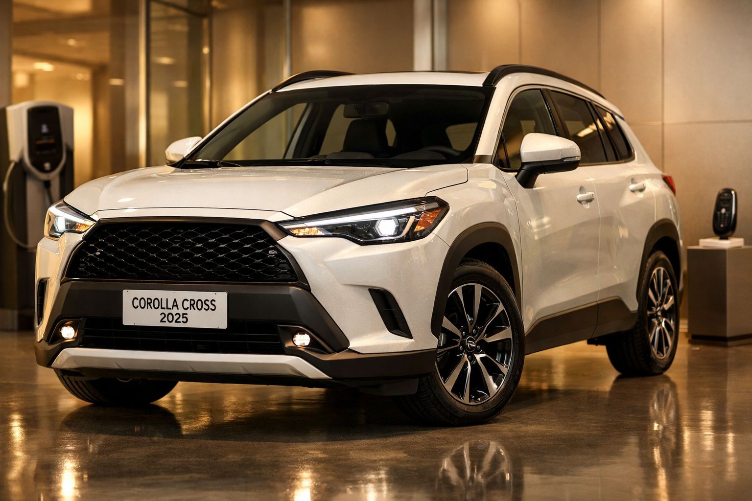 SUV branco num showroom, com design moderno e sistema de iluminação LED. Placa indica "Corolla Cross 2025".