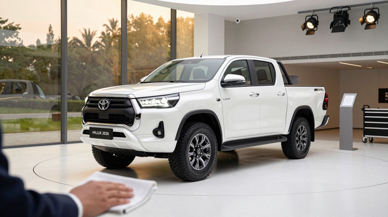 Toyota Hilux branca exposta em showroom moderno, com janelas amplas e luzes direcionais no teto.