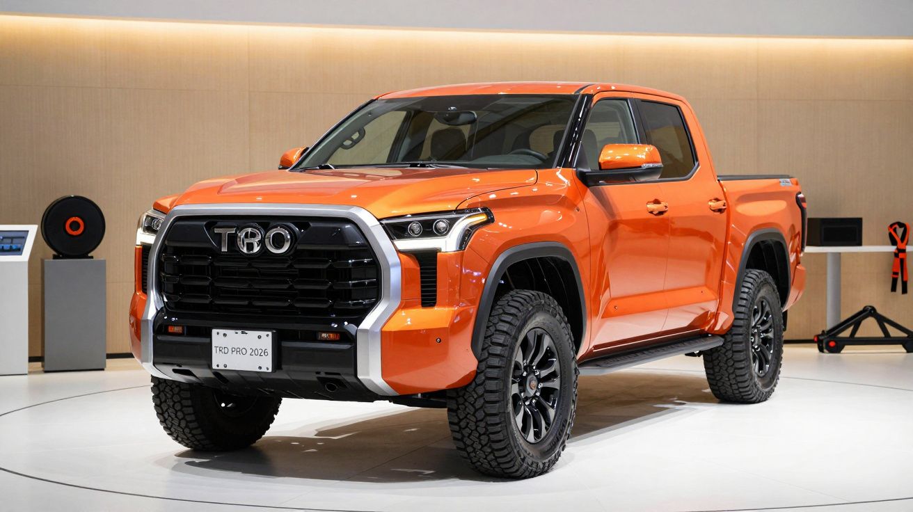 Carrinha pick-up laranja exposta em showroom, destacando design robusto e elegante.