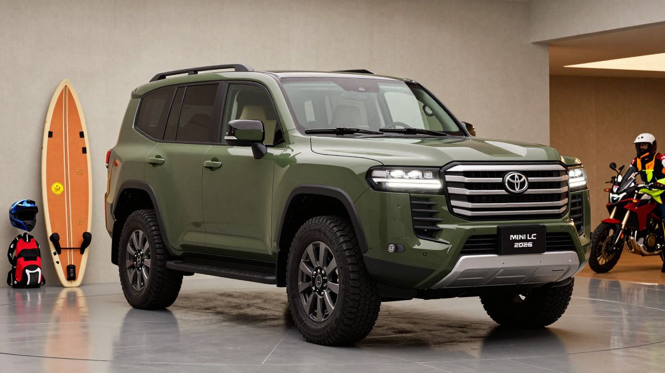 Veículo SUV verde em garagem ao lado de prancha de surf, capacete e dois motociclistas.