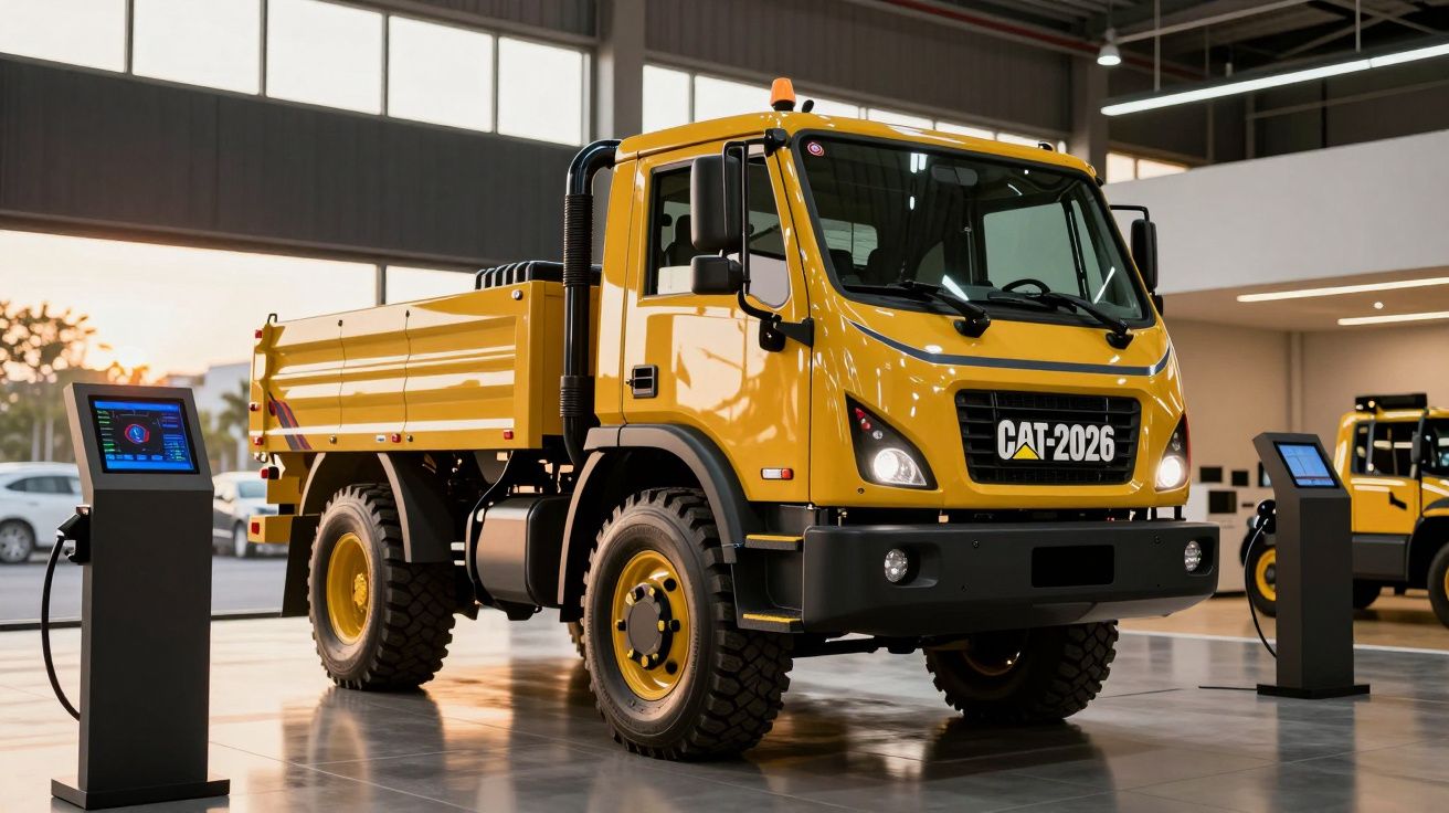 Camião amarelo CAT-2026 em exposição num espaço interior moderno, ao lado de monitores interativos.