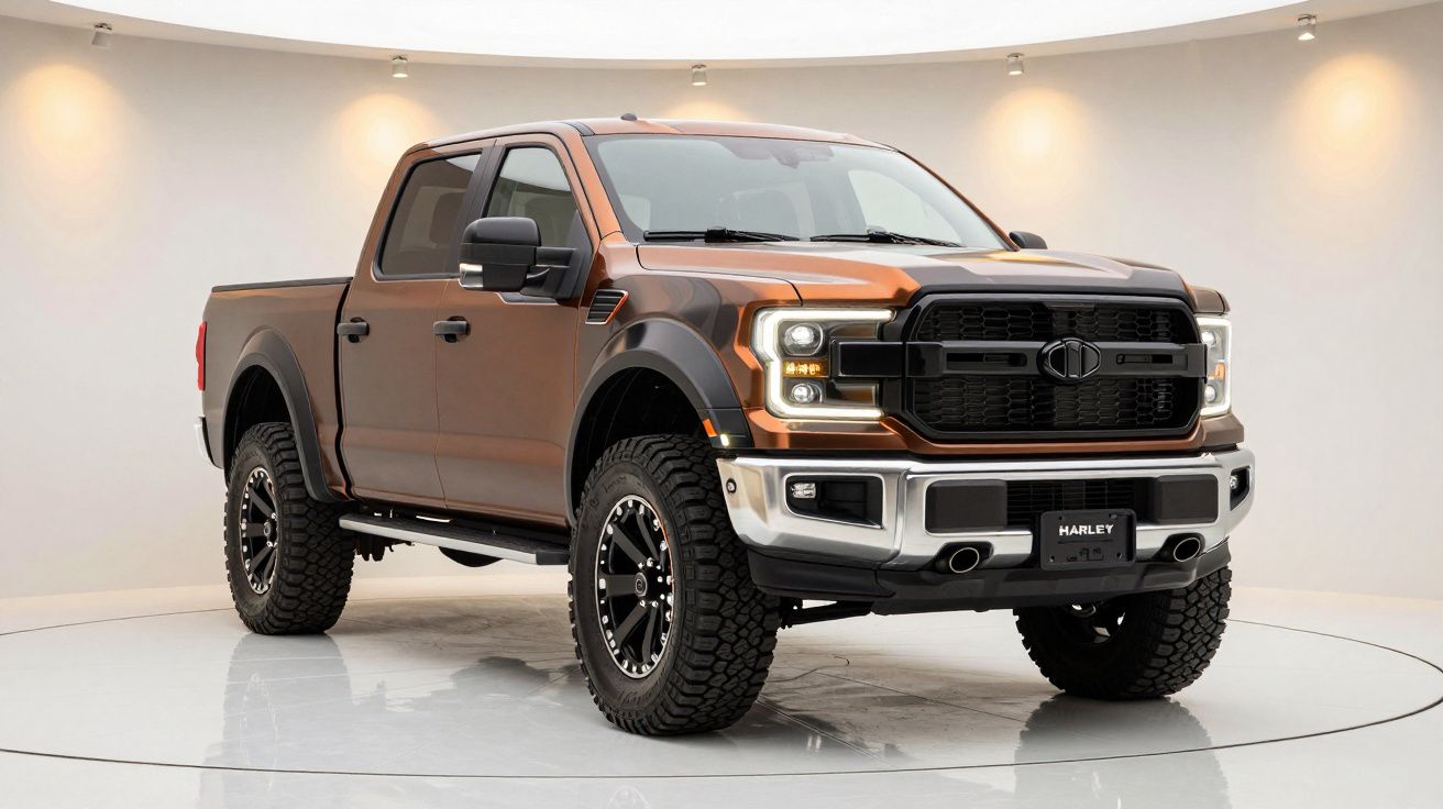 Camião pickup castanho em estúdio bem iluminado, exibindo uma aparência robusta com pneus grandes e carroçaria elevada.