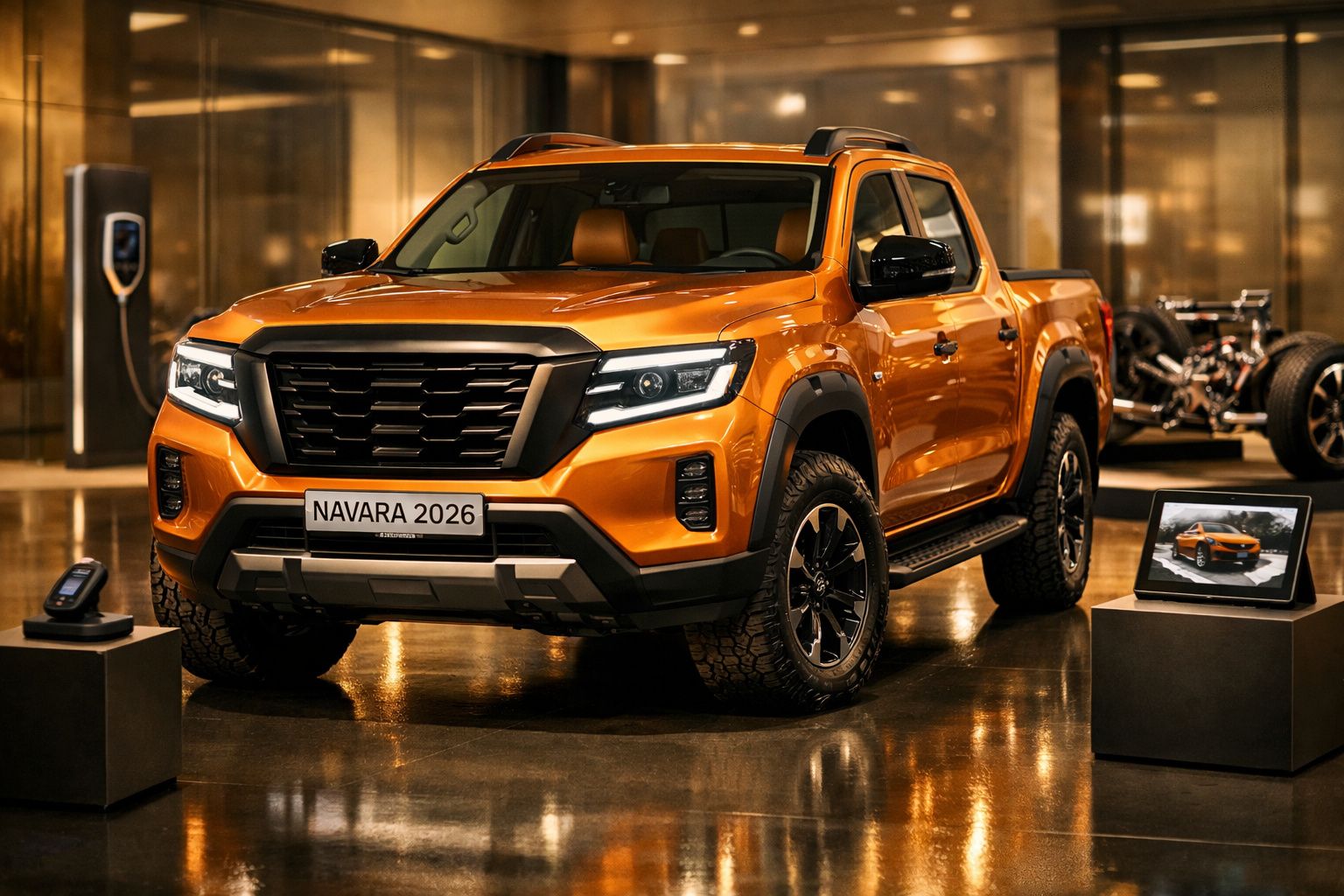 Camião laranja modelo Navara 2026 em exposição num salão automóvel, com design robusto e moderno.