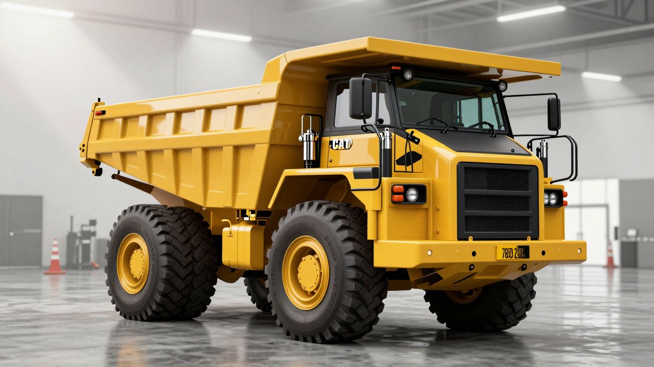 Camião basculante amarelo grande em garagem iluminada, com rodas robustas e cabine ampla.