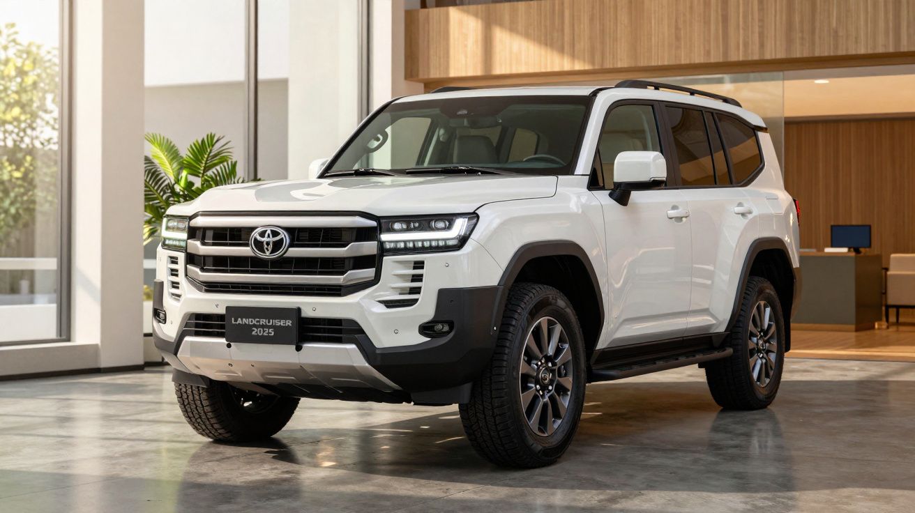 SUV branco estacionado em showroom iluminado, com detalhes modernos e plantas ao fundo.