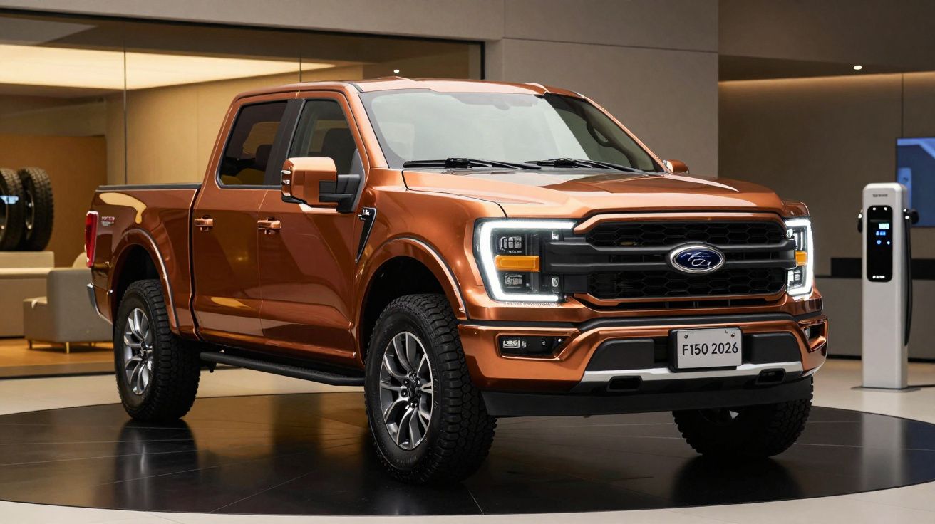 Camião pickup Ford F150 laranja num salão de exposições moderno, vista frontal e lateral.