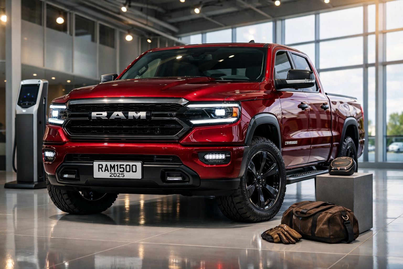 Camião pick-up vermelho brilhante exibido num showroom com iluminação suave ao fundo.