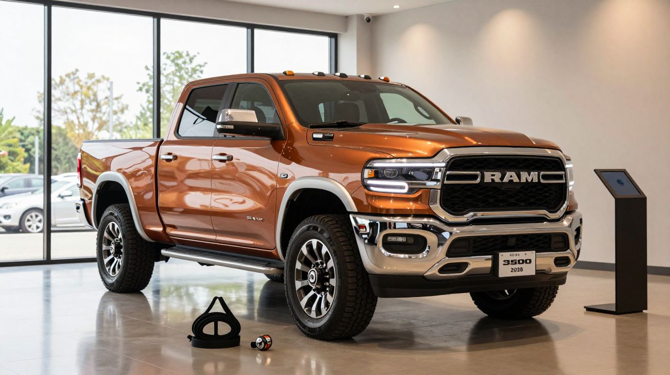Carrinha RAM 3500 laranja em exposição numa sala brilhante com janelas amplas.
