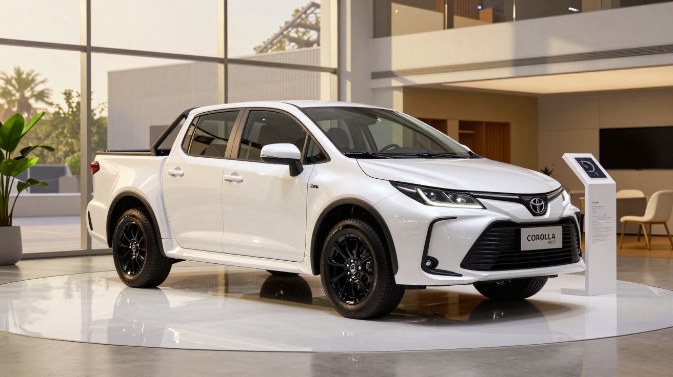 Carrinha Toyota Corolla branca numa exposição de automóveis com chão de mármore e ambiente moderno.