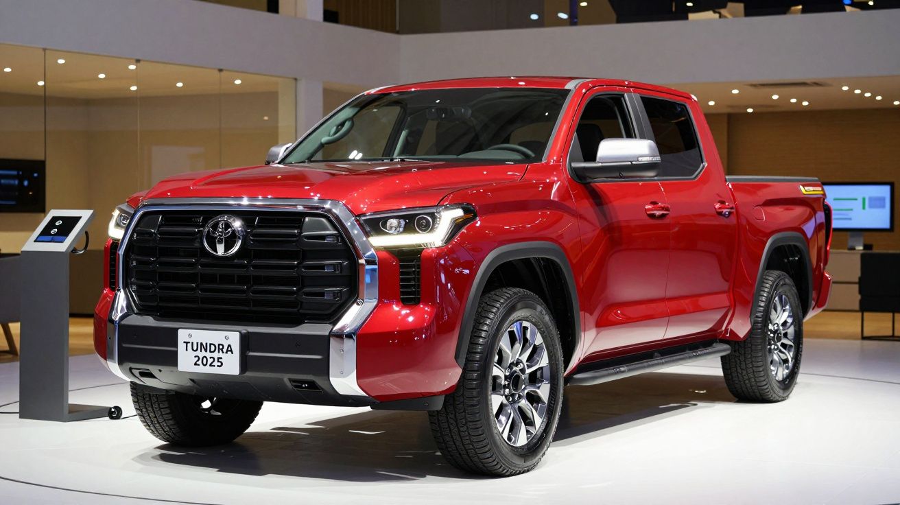 Carrinha Toyota Tundra 2025 vermelha em exposição num salão automóvel iluminado.