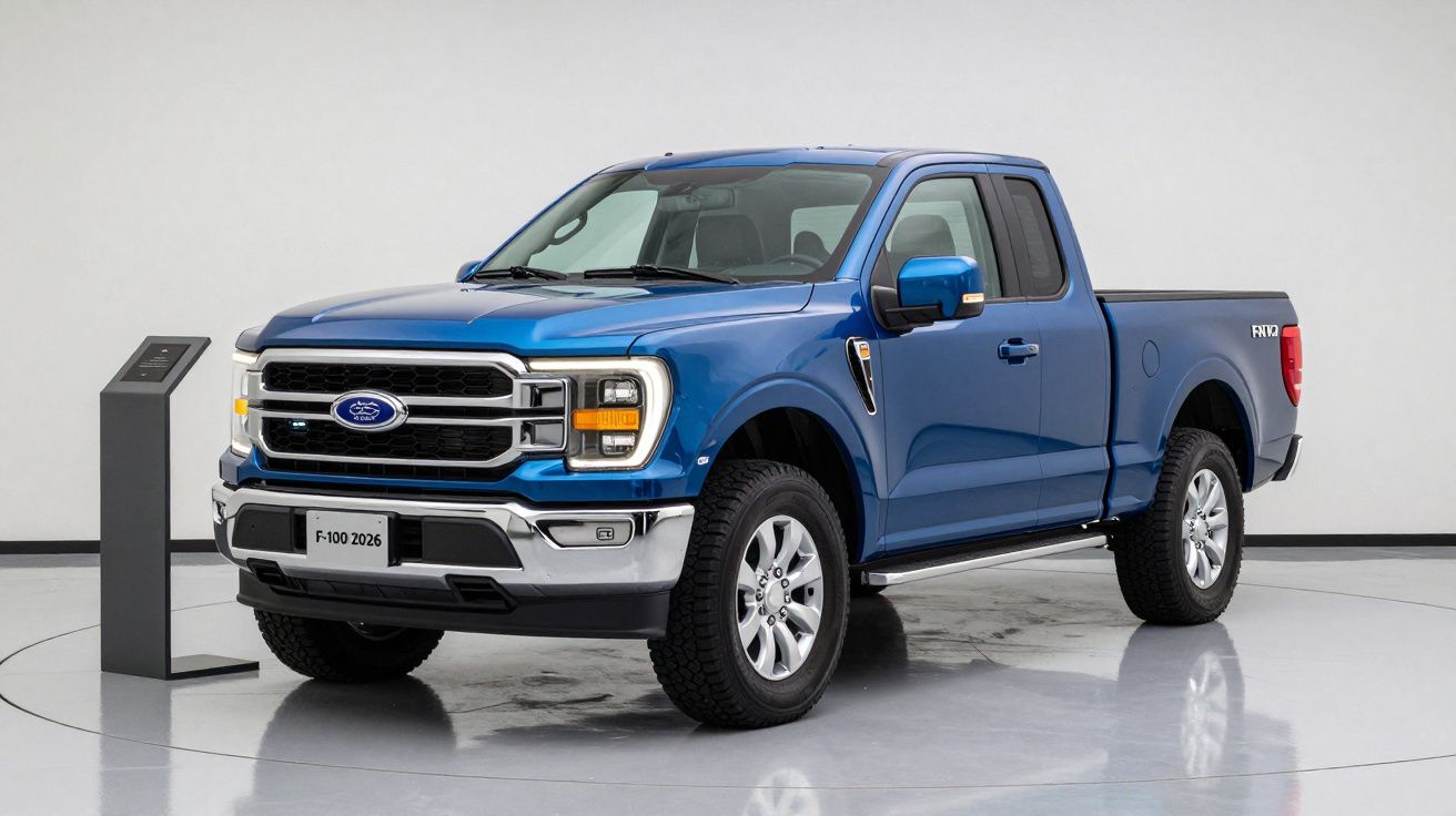 Camião azul Ford F-100 2026 em exibição num estúdio iluminado, com placa de informações à esquerda.