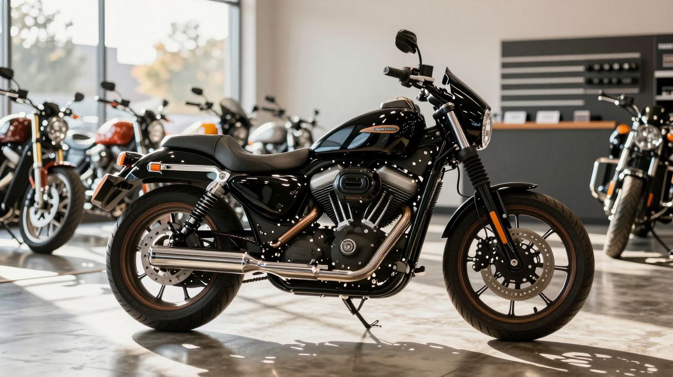 Motocicleta preta num showroom iluminado, rodeada por outras motos em exposição.