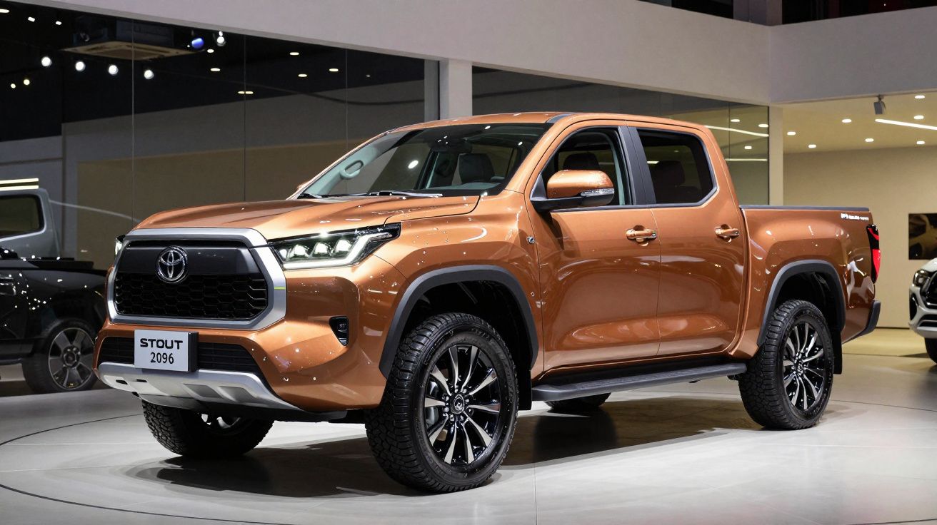 Pick-up cor de cobre em exposição num salão automóvel, com design robusto e moderno, luzes LED e jantes pretas.