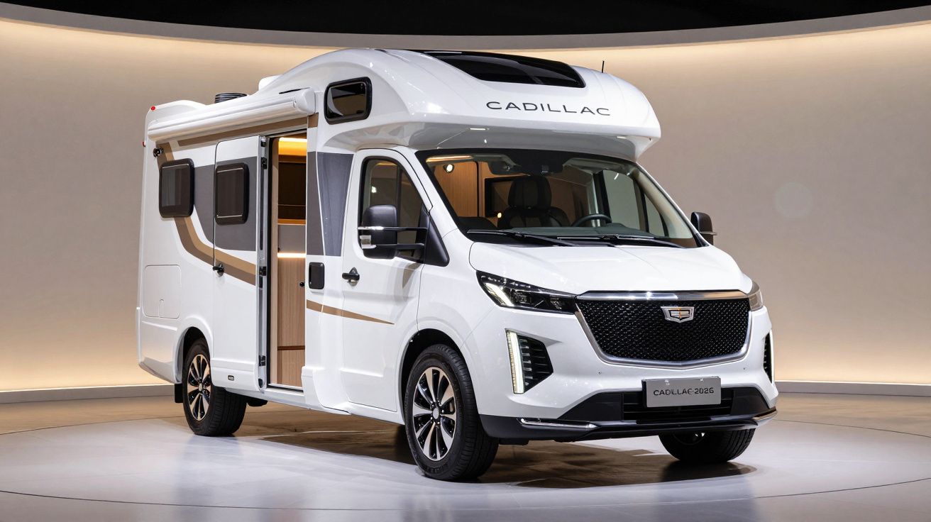 Caravana branca Cadillac moderna apresentada em exibição interior iluminada.