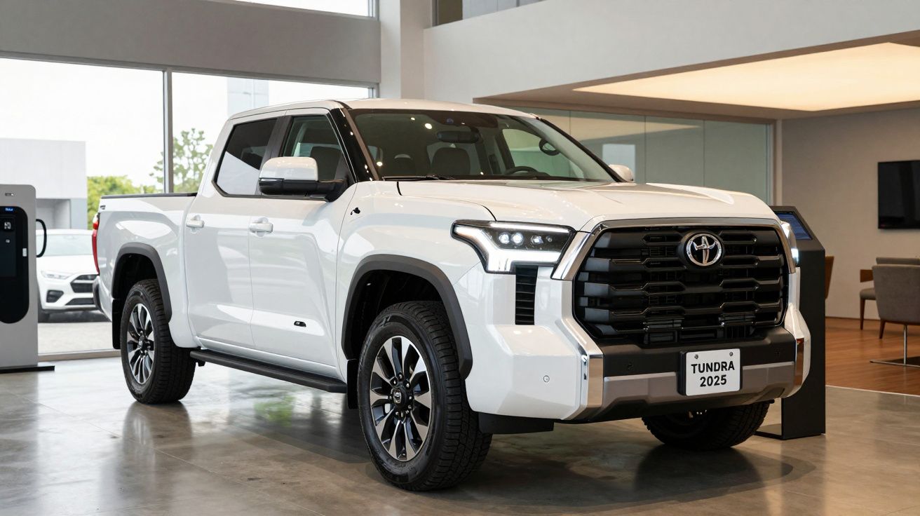 Pickup branca Toyota Tundra 2025 em exposição numa sala de showroom espaçosa e moderna.