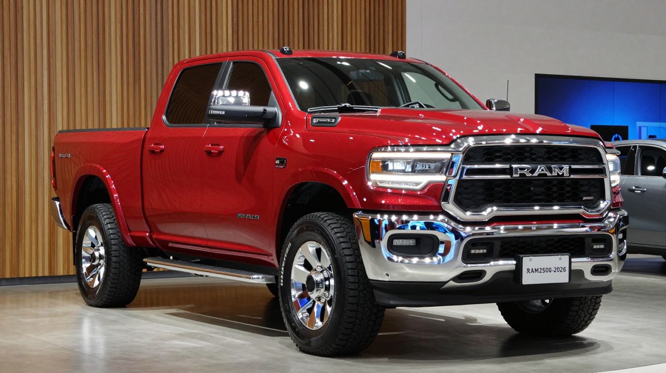 Carrinha vermelha RAM 2500 parada em exposição, com grelha cromada e design robusto se destacando no salão automóvel.