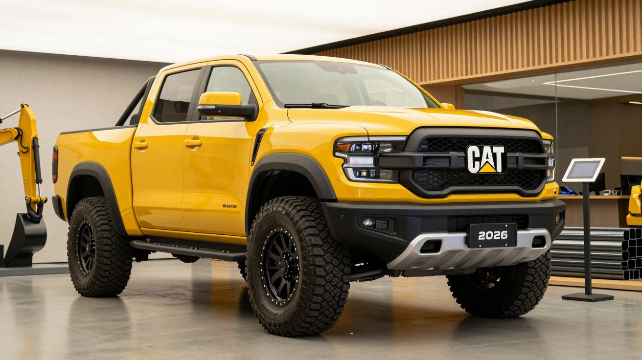 Camião amarelo robusto CAT, modelo 2026, estacionado num showroom moderno, com detalhes pretos e pneus todo-o-terreno.