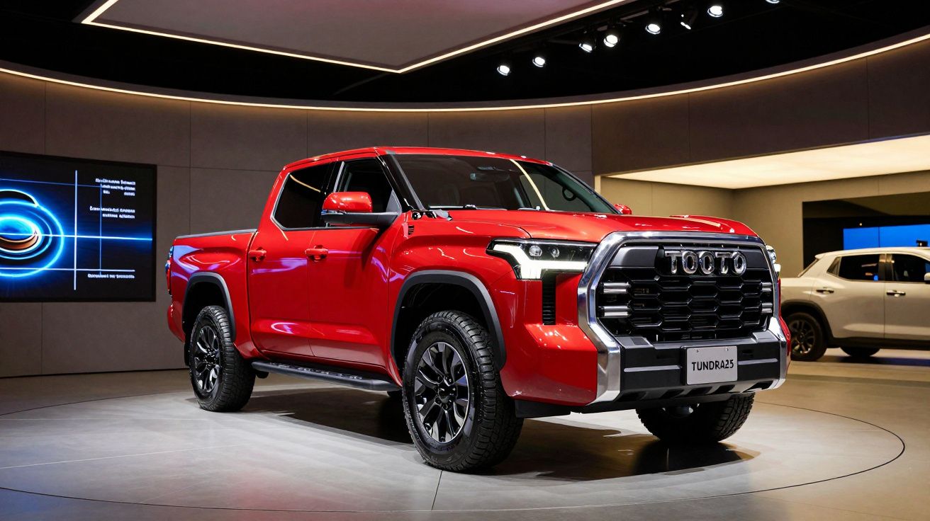 Camião vermelho moderno em exibição num salão automóvel iluminado.