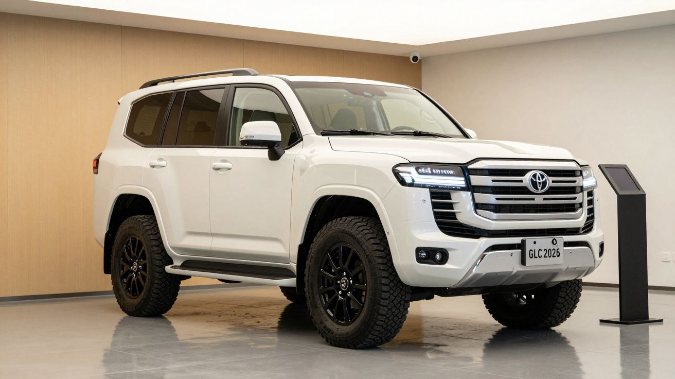 SUV branco estacionado em sala iluminada, com jantes pretas robustas e design moderno.