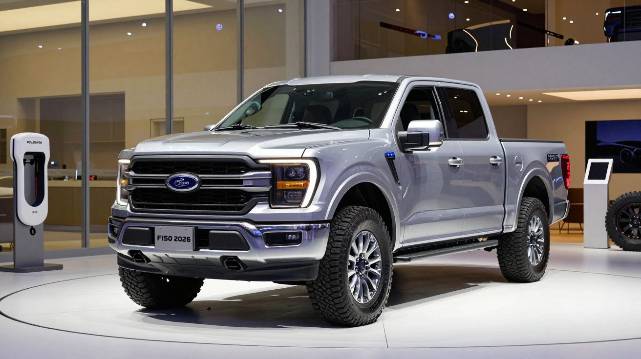 Camião Ford F-150 2026 prateado em exposição em salão, com design robusto e moderno, luzes LED acesas.