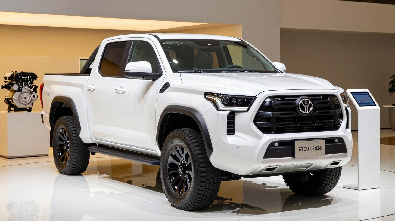 Camião pickup branco numa exposição, modelo Toyota Stout 2026, com jantes escuras e design robusto.