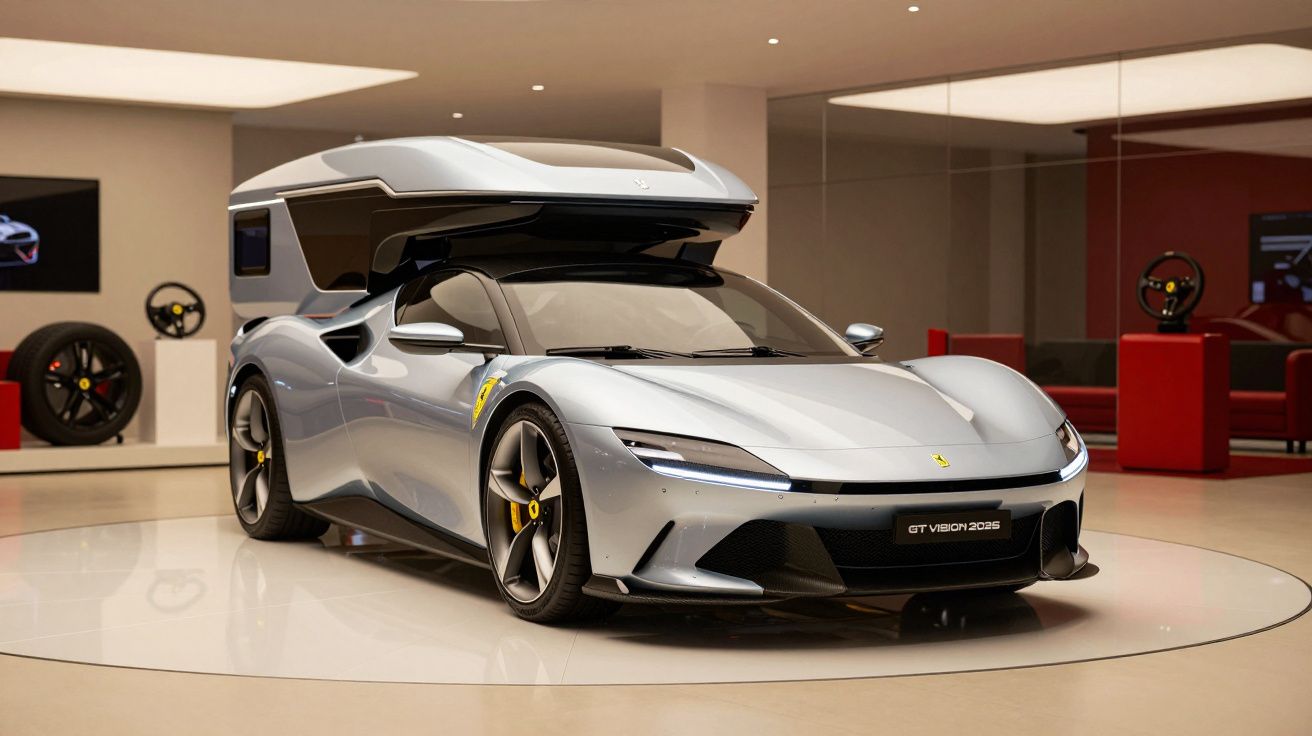 Carro desportivo prateado com um módulo aerodinâmico no tejadilho, exposto num showroom iluminado.