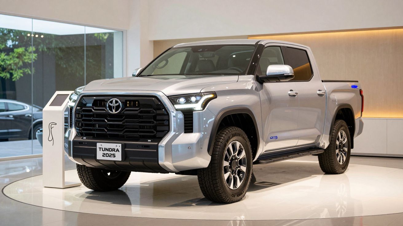 Pick-up prata Toyota Tundra 2025 em exposição num showroom moderno e iluminado.