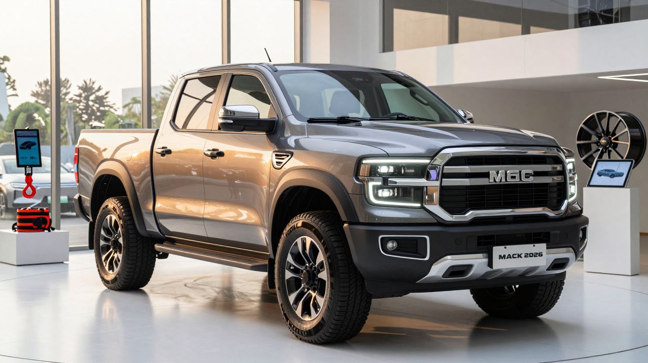 Camião pickup cinzento num showroom moderno, exibindo um design robusto e jantes de liga leve.