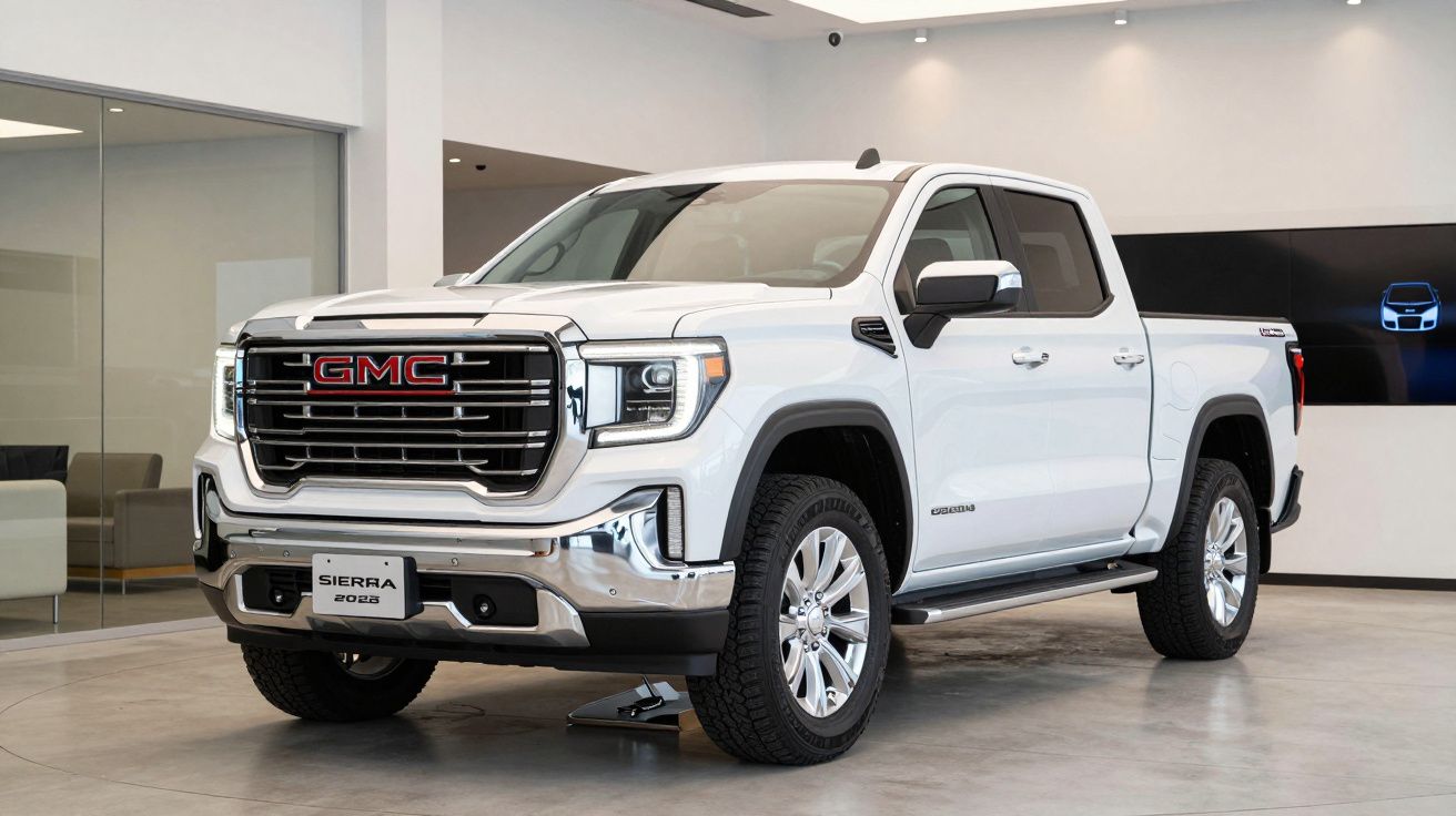 Camião pickup branco GMC Sierra 2023 estacionado num showroom iluminado.