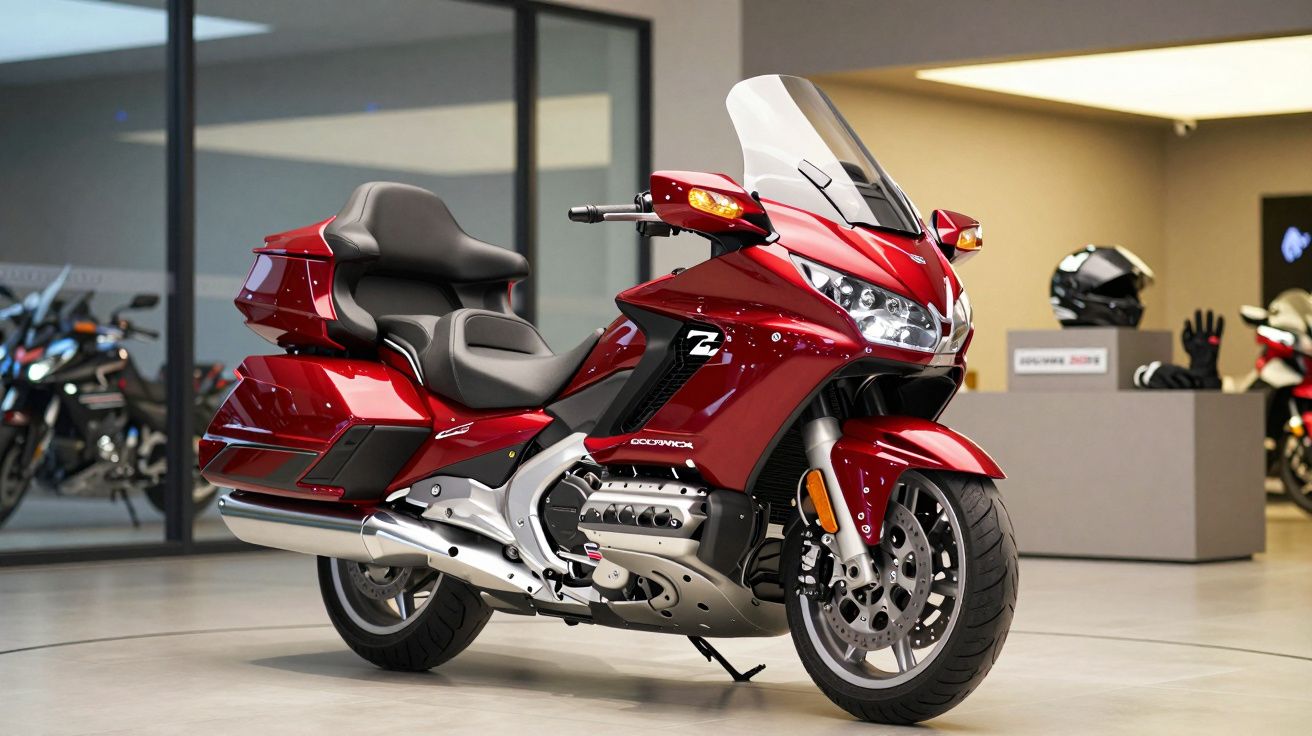 Motocicleta vermelha moderna e elegante com pára-brisas, estacionada num showroom iluminado.