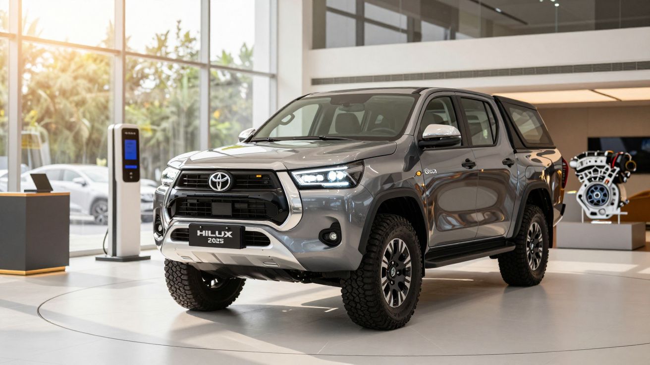 Camião cinza Toyota Hilux 2025 exibido num showroom, com luz natural e elementos modernos ao fundo.
