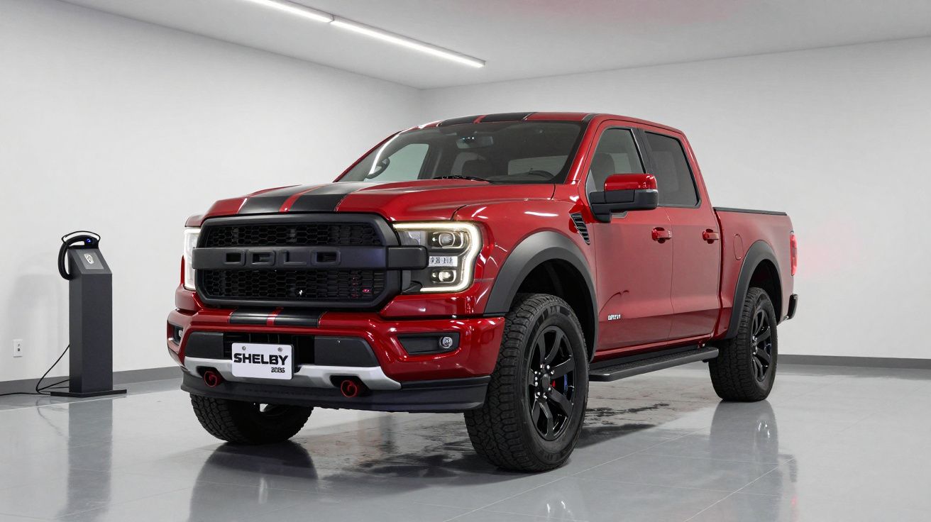 Camião pickup vermelho em exibição numa sala iluminada, com detalhes em preto e jantes também pretas.