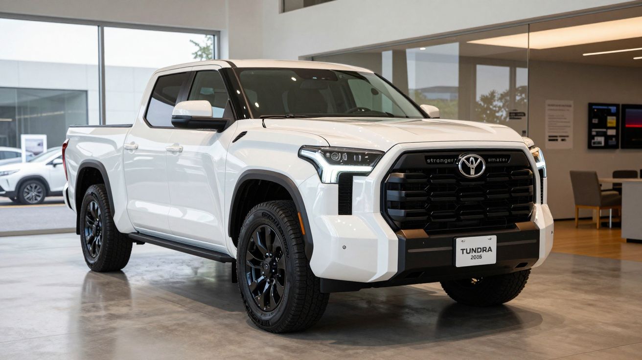 Camião branco Toyota Tundra 2024 em exibição em showroom, luz natural entra pelas janelas amplas.