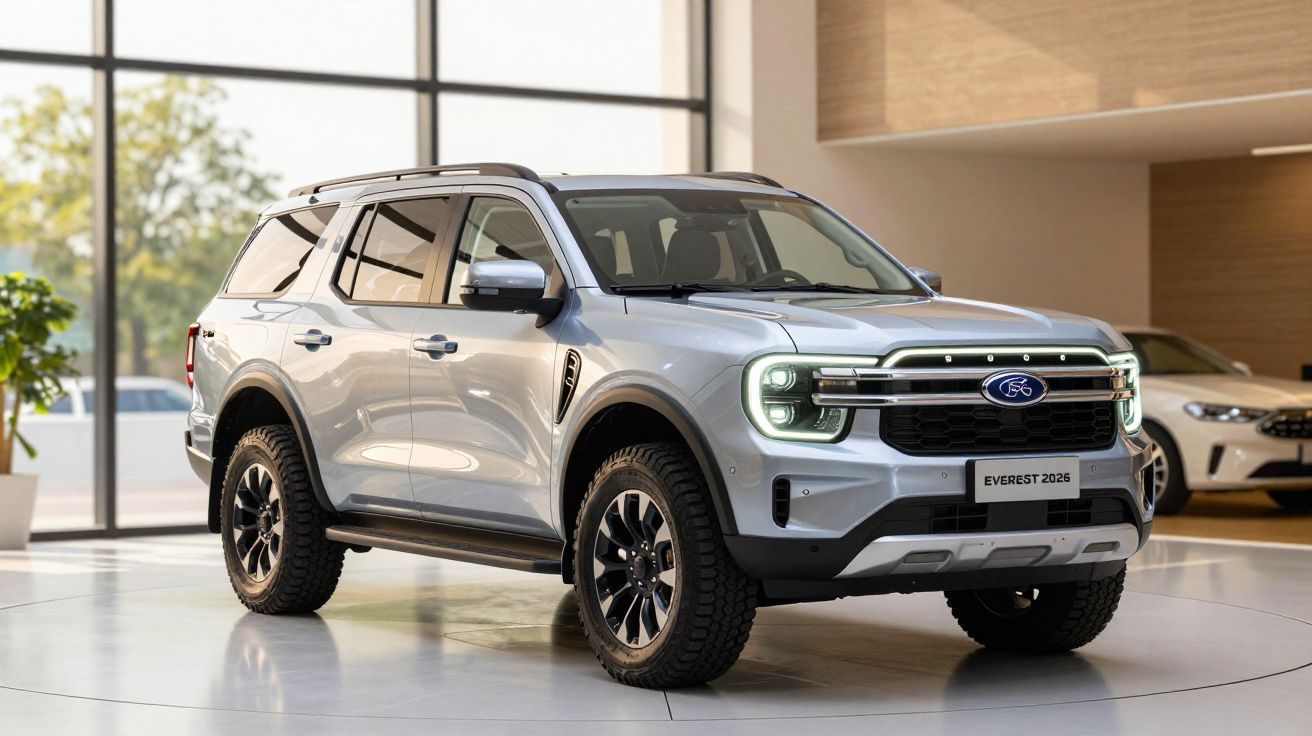 SUV prata exposto em showroom moderno, com janelas grandes ao fundo.