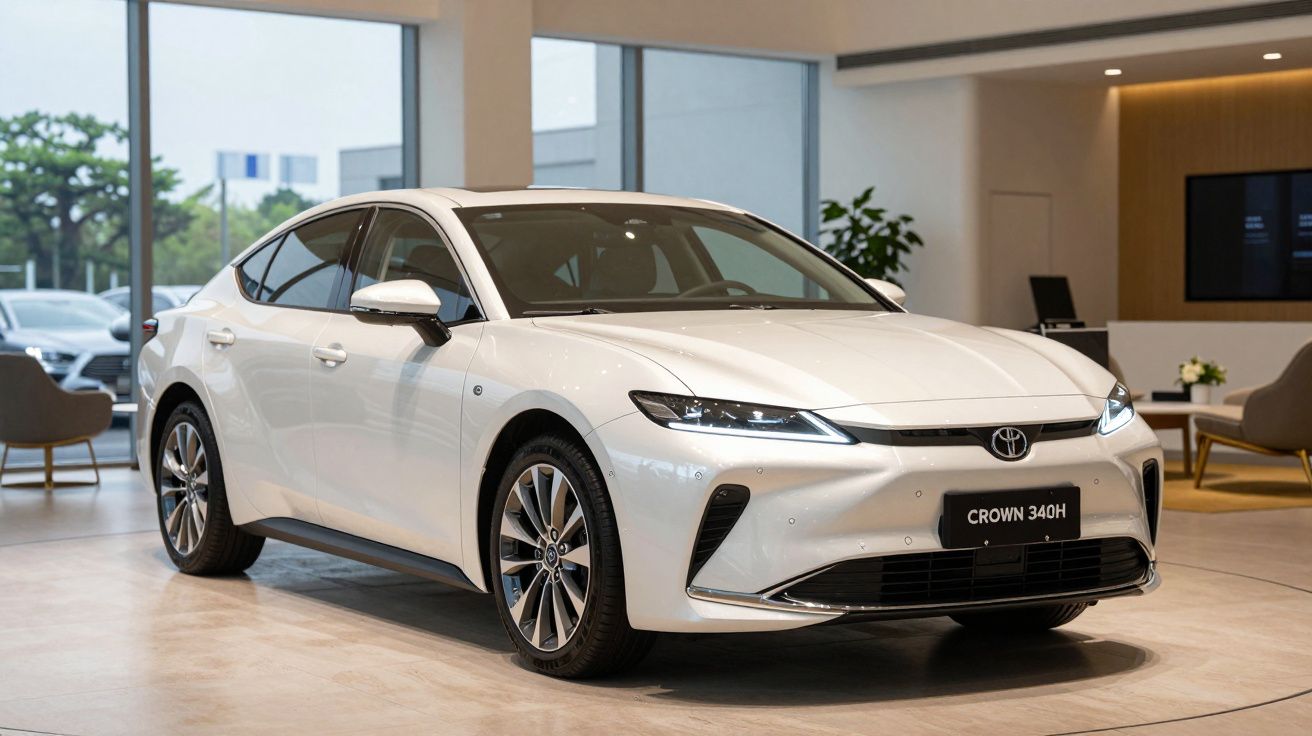 Carro branco Toyota Crown 340H numa sala de exposição moderna, com janelas amplas ao fundo.