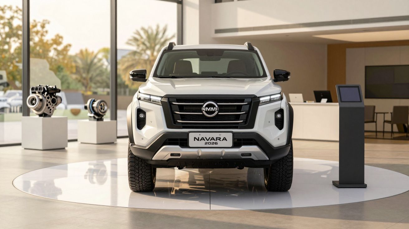 Pick-up branca Nissan Navara 2026 exibida em salão de automóveis moderno, com janelas amplas e motores ao fundo.