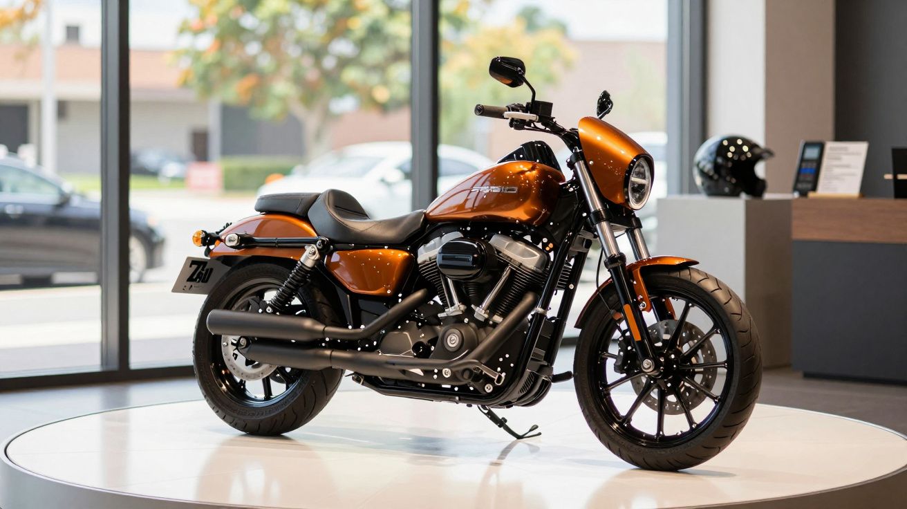 Motocicleta laranja exibida num showroom moderno com capacete no balcão ao fundo.