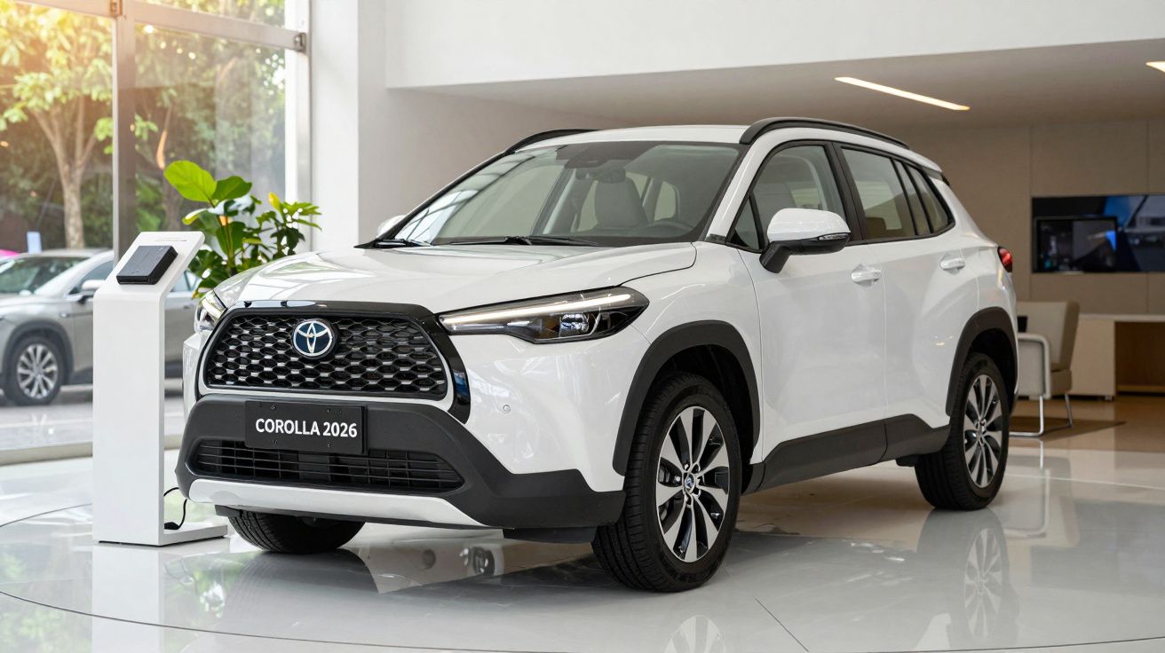 Automóvel branco Toyota Corolla 2026 exibido num showroom iluminado, com detalhes em preto e jantes de liga leve.