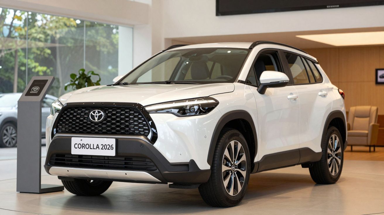 Carro SUV Toyota Corolla 2026 branco em exposição num showroom moderno e iluminado.