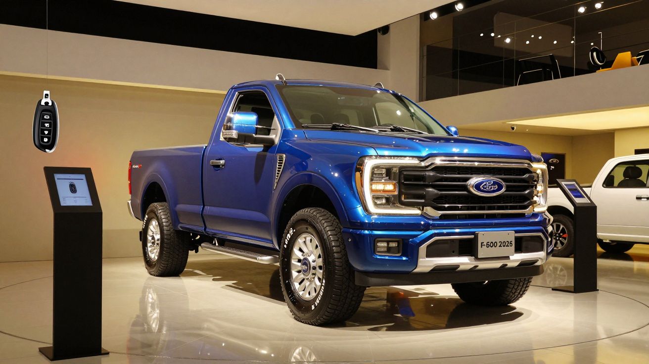 Camião azul Ford F-600 em exposição num showroom, com design moderno e carroçaria robusta.