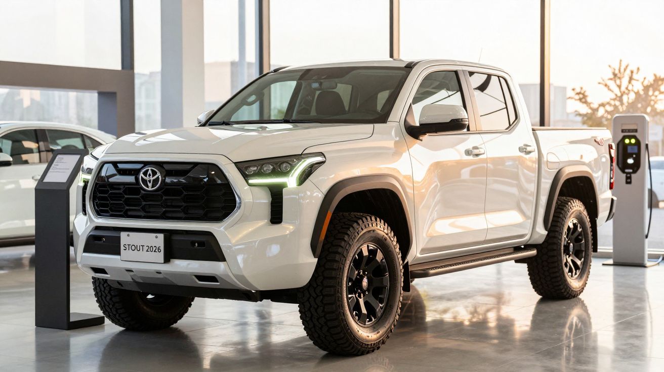 Pick-up branca em exposição num salão automóvel, com fundo iluminado por janelas grandes.