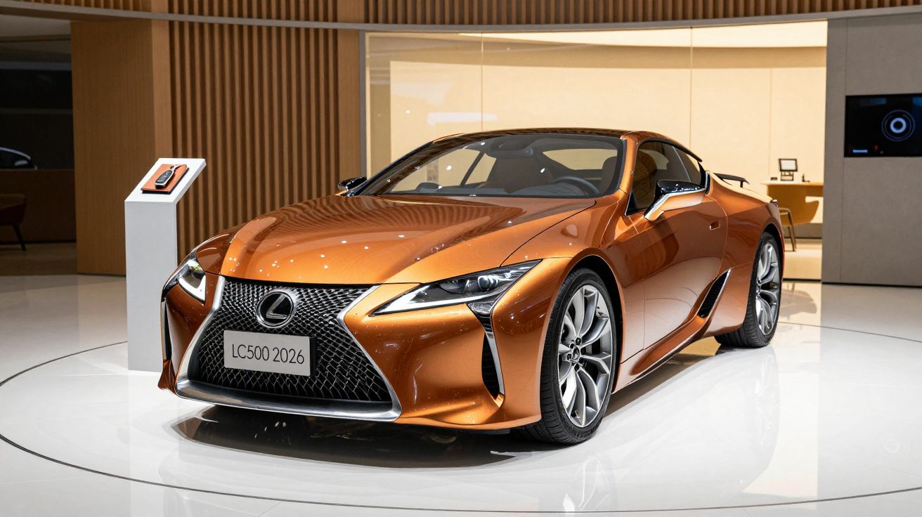 Carro desportivo laranja Lexus LC500 2026 em exposição numa sala moderna, com design aerodinâmico e elegante.