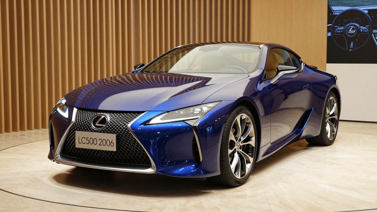 Carro esportivo azul Lexus LC500 2006 em exposição, com design aerodinâmico e jantes de liga leve.