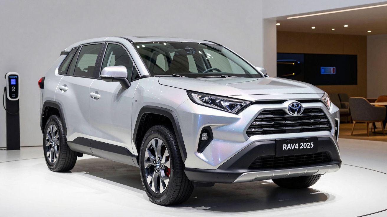 SUV prata Toyota RAV4 de 2025 em exposição num showroom moderno, com estação de carregamento à esquerda.