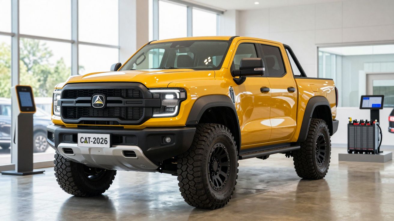 Camião amarelo exibido num showroom moderno, com matrícula CAT-2026.