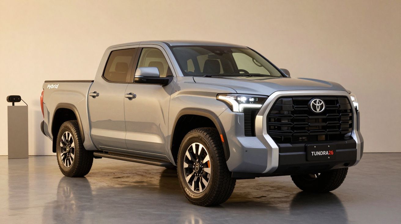 Carrinha híbrida Toyota Tundra prata, perfil lateral numa sala iluminada.