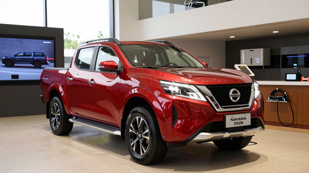 Carrinha pick-up vermelha exposta em sala de exposição moderna, com uma televisão mostrando o veículo ao fundo.